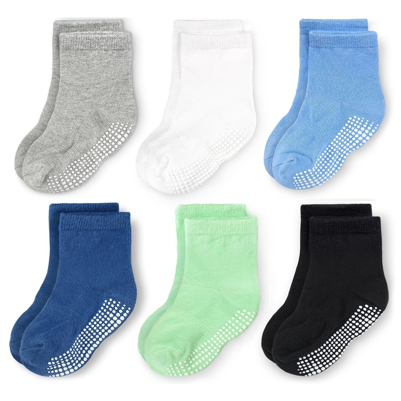 CozyWay Toddler Socks with Grippers - Socks for Toddler Girls & Boys - Soft Cotton Non-Slip Crew - 6-12 Months, Blue White Green, 6 Pack